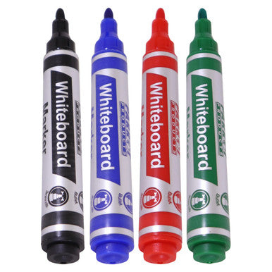 Whiteboard Marker (Bullet Tip - Pouch 4) PW0401A, Set of Four Colourful Whiteboard Markers in Black, Blue, Red, and Green with Bullet Tips.