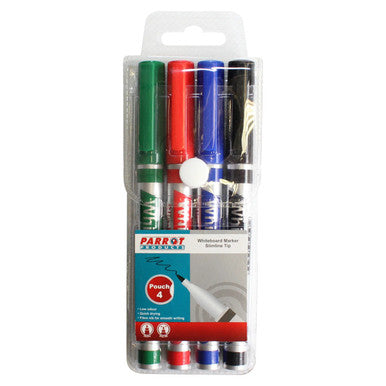 Whiteboard Marker (Slimline Tip - Pouch 4) PW0401B, Image of a Set of Four Coloured Whiteboard Markers in Green, Red, Blue, and Black Inside a Clear Plastic Pouch.
