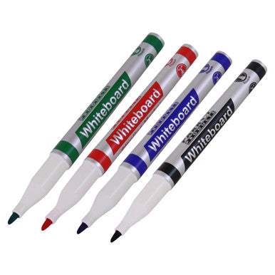 Whiteboard Marker (Slimline Tip - Pouch 4) PW0401B, Four Slimline Whiteboard Markers in Green, Red, Blue, and Black with Caps and Labels.