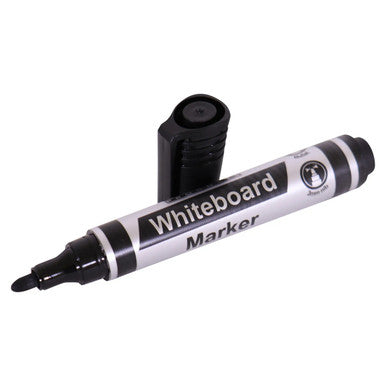 Whiteboard Markers, Image Showing a Set of 10 Black Bullet Tip Whiteboard Markers with a Cap and Black Ink