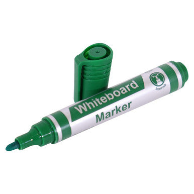 Whiteboard Markers, 10 Green Bullet Tip Markers with a Cap Shown Beside the Marker, Model PW1001G.
