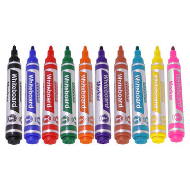 Whiteboard Markers (10 Markers - Bullet Tip) PW1001A, Set of Colourful Whiteboard Markers with Bullet Tips Arranged in a Row.