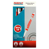 Whiteboard Markers (10 Markers - Slimline Tip - Red) PW2001R, Packaging Box Showing Red Markers Inside and Product Features Listed on the Front.