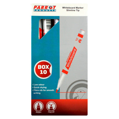Whiteboard Markers (10 Markers - Slimline Tip - Red) PW2001R, Packaging Box Showing Red Markers Inside and Product Features Listed on the Front.