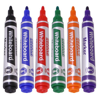 Whiteboard Markers, Set of 6 Bullet Tip Markers in a Pouch with Various Colours Including Black, Blue, Red, Green, Orange, and Purple
