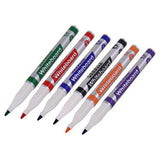 Whiteboard Markers (6 Markers - Slimline Tip - Pouch), Set of Six Colourful Whiteboard Markers with Slimline Tips in Green, Red, Blue, Black, Orange, and Purple, Stored in a Pouch.