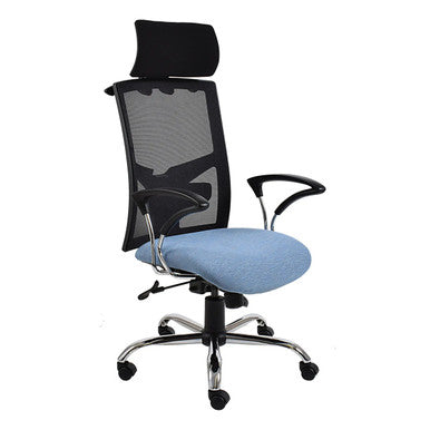 Winston Mesh High-back Office Chair by 67, a Corporate Office Chair Featuring a Black Mesh Back, Light Blue Seat, and Silver Frame, Showcasing Ergonomic Design with a Headrest and Adjustable Armrests on a Five-Star Base with Wheels.
