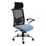 Winston Mesh High-back Office Chair by 67, a Corporate Office Chair Featuring a Black Mesh Back, Light Blue Seat, and Silver Frame, Showcasing Ergonomic Design with a Headrest and Adjustable Armrests on a Five-Star Base with Wheels.