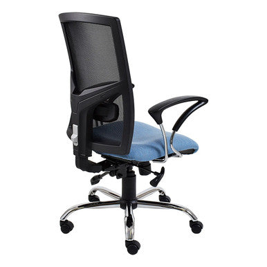 Winston Mesh Medium-back Office Chair by 67, Featuring a Sleek Black Mesh Back, Blue Seat, and Silver Chrome Base with Black Wheels, Ideal for Home Office Furniture, Showcasing Ergonomic Design and Adjustable Features for Comfort.