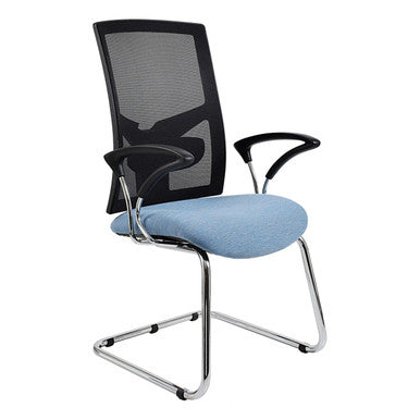 Winston Mesh Visitor Office Chair, an Ergonomic Chair with Black Mesh Back, Light Blue Seat, and Silver Frame, Featuring Adjustable Black Armrests, Designed for Comfort and Style in Modern Workspaces with Durable Build and Fit.
