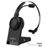 Wireless Call Centre Headset Mono CT4002, Black Headset with Microphone Resting on a Charging Stand with a Labeled Charging Dock.