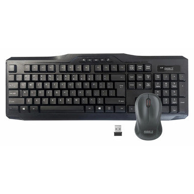 Wireless Keyboard + Mouse Combo IC0003, Black Wireless Keyboard with Numeric Keypad, Multimedia Control Keys, and Ergonomic Design, Accompanied by a Wireless Mouse with Optical Sensor and a USB Receiver.