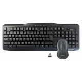 Wireless Keyboard + Mouse Combo IC0003, Black Wireless Keyboard with Numeric Keypad, Multimedia Control Keys, and Ergonomic Design, Accompanied by a Wireless Mouse with Optical Sensor and a USB Receiver.