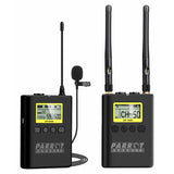 Wireless Lapel Microphone (Dual Channel) IS1002, Black Wireless Microphones with LCD Screens, Antennas, and a Lavalier Microphone for Professional Audio Recording.