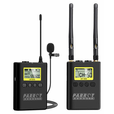 Wireless Lapel Microphone (Dual Channel) IS1002, Black Wireless Microphones with LCD Screens, Antennas, and a Lavalier Microphone for Professional Audio Recording.