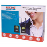 Wireless Lapel Microphone (Dual Channel) IS1002, Product Packaging Displaying a Woman Wearing a Headset Microphone and Two Wireless Transmitters with Antennas.