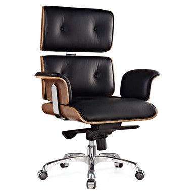 Wooden President High-back Office Chair, Modern Ergonomic Office Chair with Black Leather Upholstery, Wooden Accents, Adjustable Height, and Rolling Casters.