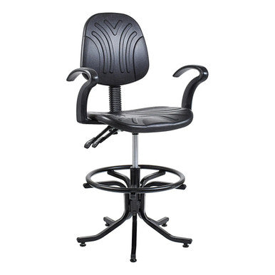 Black Modern Workspace Chair with Polyurethane Seat and Back, Adjustable Height and Armrests, on a Five-Legged Base with Casters, from Brand 67, Model WC9Syc Works Industrial Draughtsman Chair.
