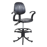 Black Modern Workspace Chair with Polyurethane Seat and Back, Adjustable Height and Armrests, on a Five-Legged Base with Casters, from Brand 67, Model WC9Syc Works Industrial Draughtsman Chair.