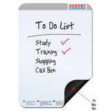 Write 'N Wipe - Flexible Magnetic BD1001, a Magnetic Whiteboard with a Black Corner That Peels Back to Reveal a Magnetic Surface. the Whiteboard Has a to-Do List Written on It with Items and Red Checkmarks.