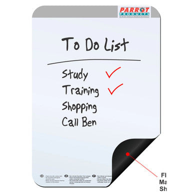 Write 'N Wipe - Flexible Magnetic BD1001, a Magnetic Whiteboard with a Black Corner That Peels Back to Reveal a Magnetic Surface. the Whiteboard Has a to-Do List Written on It with Items and Red Checkmarks.