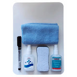 Writing Slate Markerboard Starter Pack 297 x 210 mm, Includes a Blue Microfiber Cloth, Two Spray Bottles for Sanitizer and Cleaning Fluid, a Black Marker, and a White Eraser.