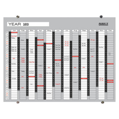 Year Planner Glass Non-Magnetic 1200 x 900 mm BD5140G, a Transparent Glass Year Planner with Calendar Dates, Holidays, and Events for 2021.