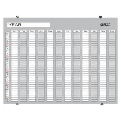 Year Planner Glass Non-Magnetic 1200 x 900 mm, a Glass Wall-Mounted Calendar with a Yearly Overview for Scheduling and Organisation.