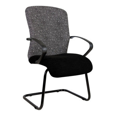 Zambezi Office Chair with Black Frame, Grey and White Speckled Backrest and Black Seat, Featuring Armrests and a Sturdy Base, Presented on a White Background, Showcasing Its Design and Style.