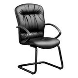 Zelda Visitor Office Chair by Office Stock South Africa, a Durable Office Chair with Black Leather Upholstery, Tufted Back and Seat, and Metal Frame, Featuring Armrests, Designed for Comfort and Style in Corporate Offices and Educational Institutions.