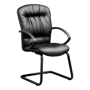 Zelda Visitor Office Chair by Office Stock South Africa, a Durable Office Chair with Black Leather Upholstery, Tufted Back and Seat, and Metal Frame, Featuring Armrests, Designed for Comfort and Style in Corporate Offices and Educational Institutions.