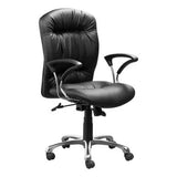 Zelda Office Chair, a Black Leather Medium-back Office Chair with Silver Metal Base and Wheels, Featuring Adjustable Armrests and a Tufted Backrest, from Brand 67, Showcasing Comfort and Ergonomic Design.