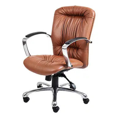 Brown Leather Medium-back Chair, 67 Brand, with Tufted Seat and Backrest, Chrome Arms and Base, and Black Castors, Showcasing a Sleek and Ergonomic Design, Ideal for Office Use.