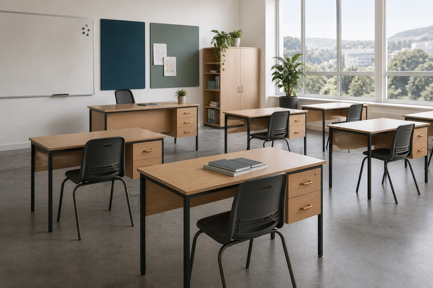 Modern classroom with practical light oak desks and durable black chairs