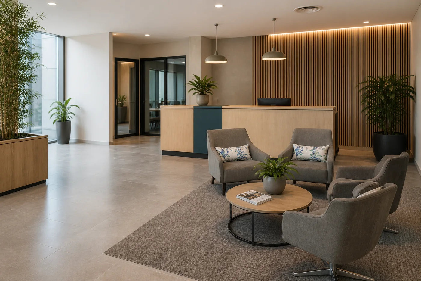Professional reception area with Office Stock lounge seating and light oak reception counter