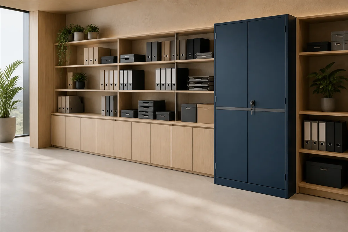 Organised workplace storage with deep slate steel cupboard and office shelving